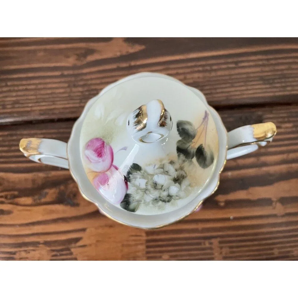 Vintage Hand Painted Nippon Sugar Bowl Jar w/ Lid, Pink Floral Ceramic